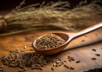caraway seeds on a spoon with a rustic kitchen background
