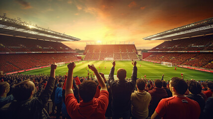 Back view of football, soccer fans cheering their team stadium at evening time.. Generate Ai. - obrazy, fototapety, plakaty