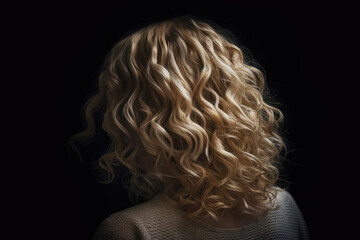 Medium Length Blonde Curly Hair , Rear View On Black Background. Generative AI