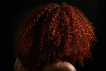 Medium Length Auburn Afro Curls , Rear View On Black Background. Generative AI