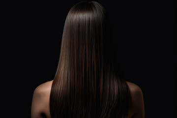Medium Length Brunette Straight Hair , Rear View On Black Background. Generative AI