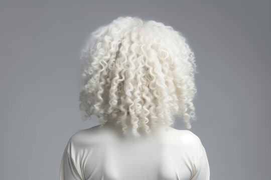 Medium Length White Afro Curls , Rear View On White Background. Generative AI