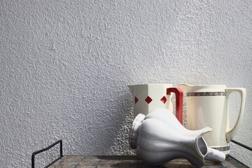 still life with white jugs, white vases in the sun, white jug, dishes, vintage dishes, vintage jug,...