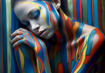 intricate body painting, color stripes, contrasting shadows, crossed colors, Body color splash. Generative Ai Illustration.


