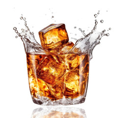 Cola splashing out of a glass., Isolated white background. Generative Ai