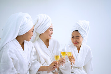 Pretty women spend time at resort and spa hotel.