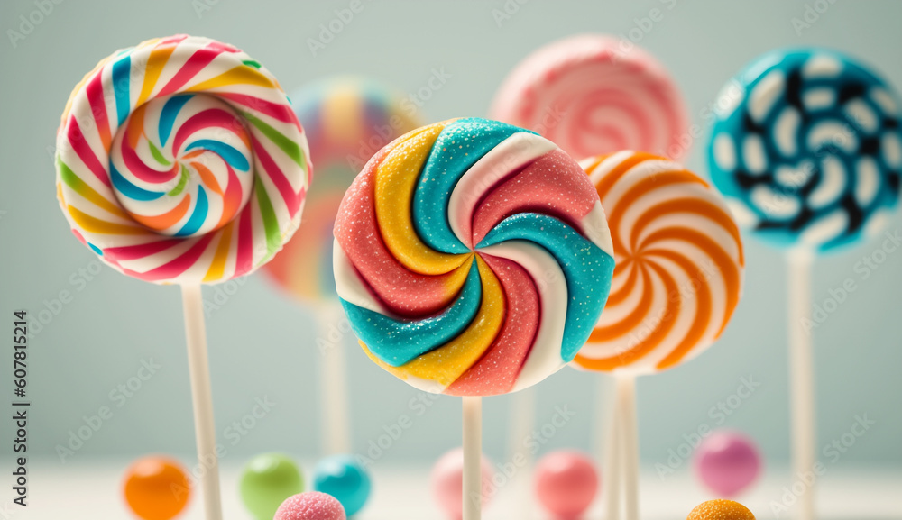 Wall mural Smooth and playful candy background, closeup of colorful retro style lollipops. Good for poster, wallpaper, promotion. Generative AI.
