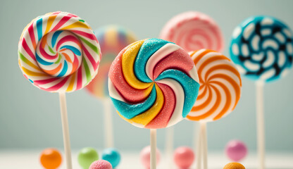 Fototapeta na wymiar Smooth and playful candy background, closeup of colorful retro style lollipops. Good for poster, wallpaper, promotion. Generative AI. 