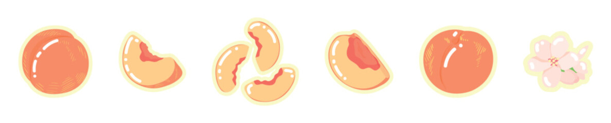 Set of sweet ripe peaches on white background