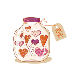 jar with hearts. Valentine's Day. Design for wedding invitations and Valentine's Day. Jar.Harts. Symbol of love. Hand-drawn. Vector illustration.