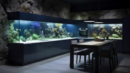 cave house interior with aquarium