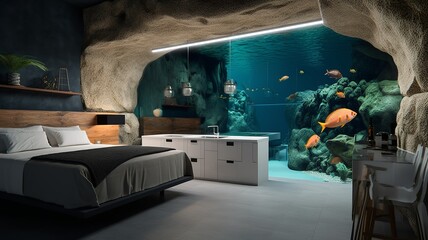 cave house interior with aquarium - obrazy, fototapety, plakaty