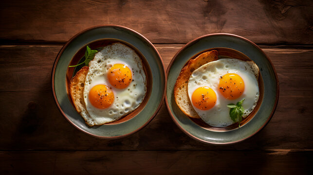Two fried eggs in ceramic bowls on wooden table. Rustic breakfast toast greens yellow yolk top view close up photo