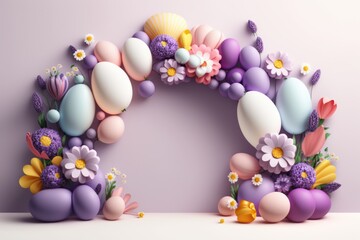 Naklejka na ściany i meble Easter frame with colorful eggs and flowers. Generative AI