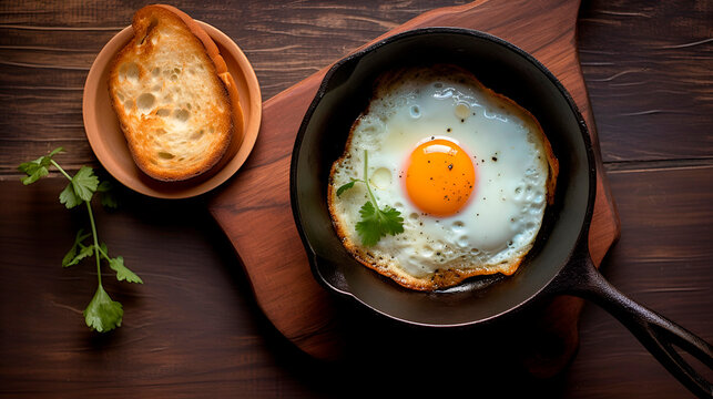Fried eggs in iron pan on wooden table. Rustic breakfast toast greens yellow yolk top view close up photo