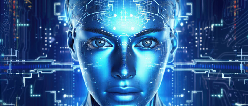 The face of a female cyborg robot on blue futuristic technology background. Artificial intelligence, neural networks concept banner. Generative AI.