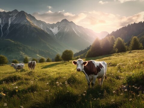 cows grazing on grass on a pasture up in the mountains, generative ai