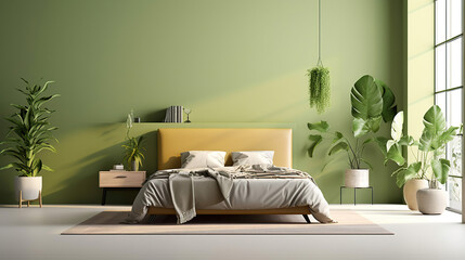 Modern interior design of bedroom in vogue with plant and copyspace in horizontal arrangement. Generative Ai