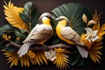 Two birds sitting on a branch with tropical leaves and flowers on a dark background. Generative AI