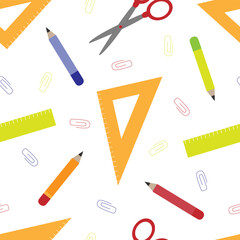Vector seamless back to school pattern in cartoon style with stationery. School supplies pattern design