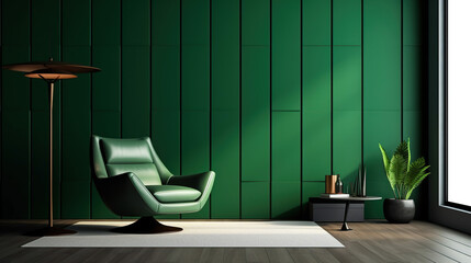 Interior of a luxury modern dark living room with a mock up of a black empty wall and a green armchair. Generative AI