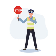 A traffic police holding stop sign and emphasis pointing at it. Flat vector cartoon illustration