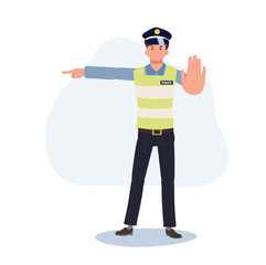 A traffic police gesturing to stop and giving sign the other way. Turn another way, block road. Flat vector cartoon illustration