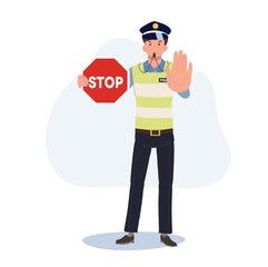 A traffic police holding stop sign , gesturing hand as stop and whistling. Flat vector cartoon illustration