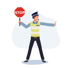 A traffic police holding stop sign , gesturing hand as stop and whistling. Flat vector cartoon illustration