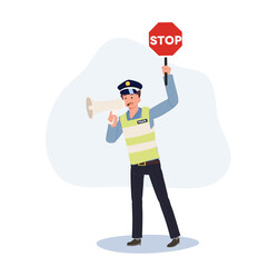 A traffic police holding stop sign and speaking to megaphone. Flat vector cartoon illustration