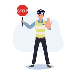 A traffic police holding stop sign and gesturing hand stop. Flat vector cartoon illustration