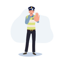 A traffic police blowing whistle and gesturing hand as stop . Flat vector cartoon illustration