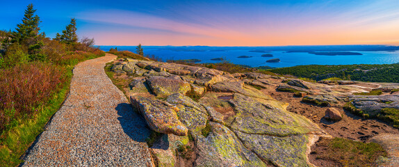 Panorama of the Cadillac Mountain Overlook in Acadia National Park, Bar Harbor, Maine, beautiful...