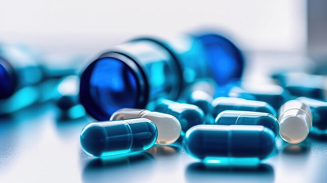 Selective focus on blue and white capsules pill spread on white background with shadow. Global healthcare concept. Generative Ai