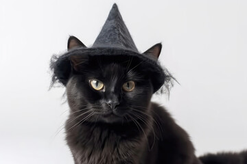 Black Cat With Witchs Hat On White Background. Halloween. Generative AI