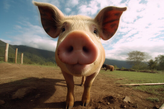Generative AI.
a cute fat pig points its nose at the camera