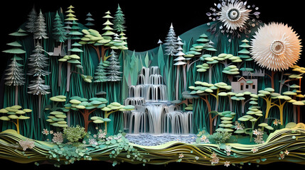 Paper art landscape forest waterfall flowing into a lake