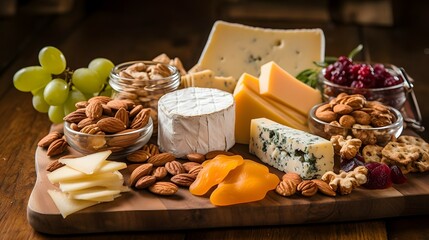Cheese plate with grapes and nuts on wooden table. Generative AI
