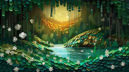 Paper art landscape forest waterfall flowing into a lake
