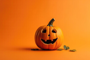 Pumpkin With Funny Face On Orange Background On The Side Place To Copy Halloween. Generative AI