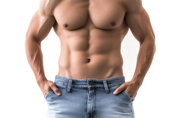 Man With Perfect Body In Jeans On White Background. Generative AI