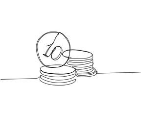 Stacks of coins of different heights, 10 cents, kopecks, pennies one line art. Continuous line drawing of bank, money, finance, financial, payment, data, savings, economic, wealth, credit