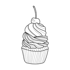 Drawn tasty cupcake with cherry on white background