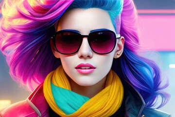 Glamorous hipster teenager in sunglasses. Portrait of millennial pretty girl with clothing and hairstyle in neon colors. Сoncept of nightclub. Generative AI