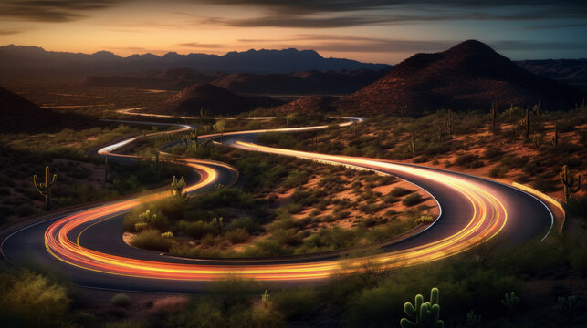 Bright light streaks on a winding road through a desert landscape. Generative ai