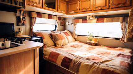  cozy bedroom and kitchen interior in the trailer of mobile home or recreational vehicle, close up. Generative Ai
