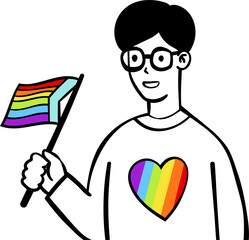 People holding posters, symbols, signs and flags with lgbt rainbows, gay parade, pride month. Human rights. Hand drawn vector illustration in flat cartoon style, isolated on pink background.