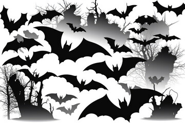Set Silhouettes Of Black Crosses Bats On White Background, Halloween. Generative AI