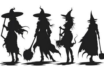 Fototapeta premium Silhouettes Of Witch On Broom On White Background, Halloween. Generative AI