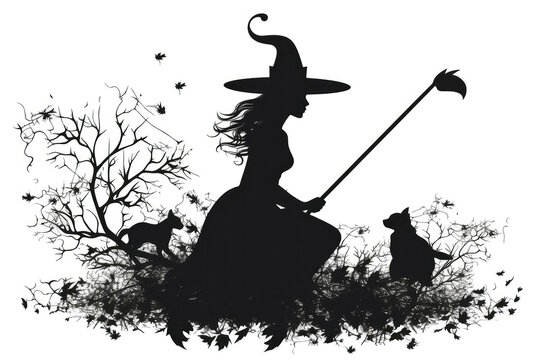 Silhouettes Of Witch On Broom On White Background, Halloween. Generative AI